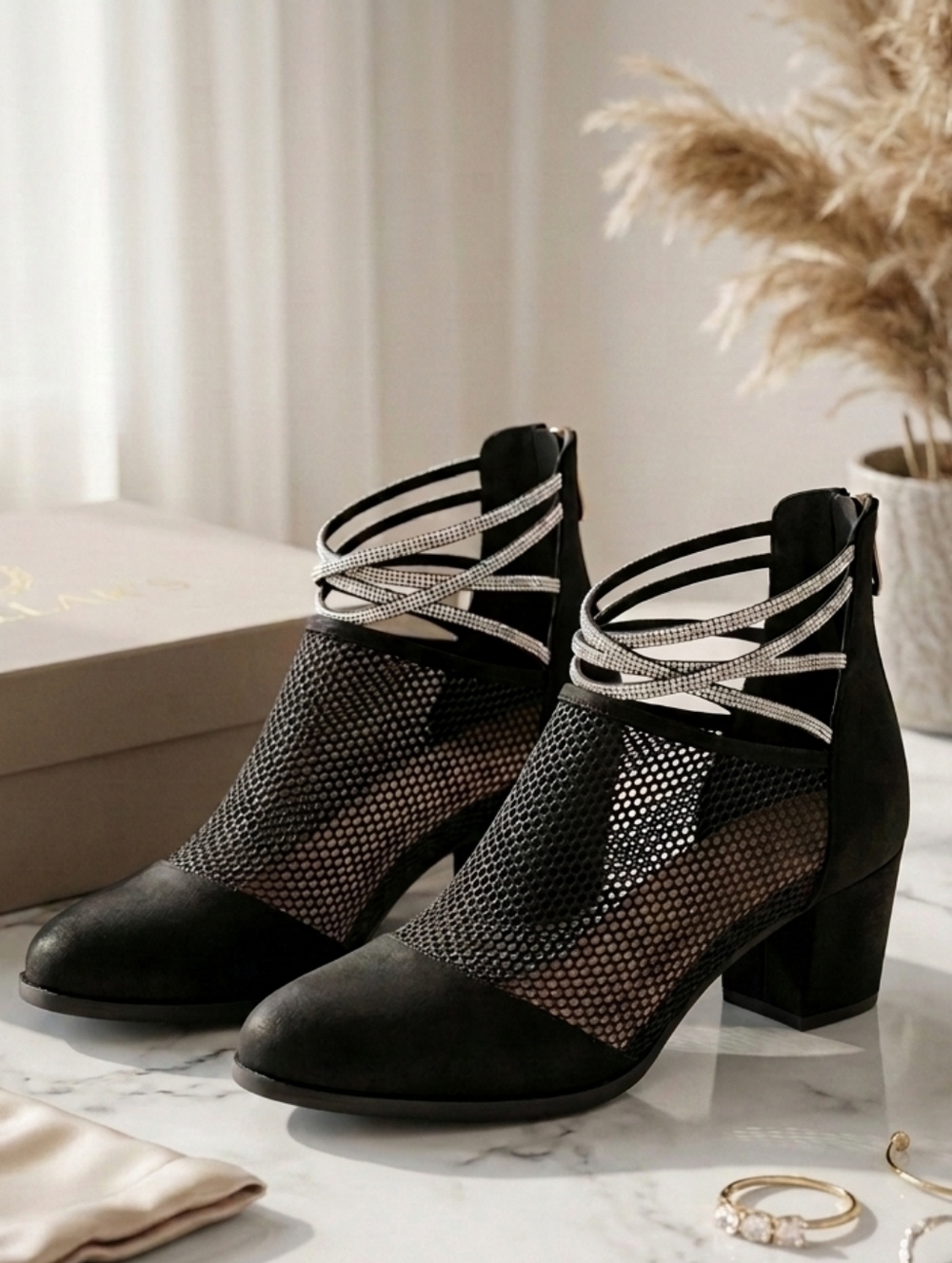 Womens Black Chunky Heel Netted Closed Toe Rhinestone Ankle High Heel Shoes